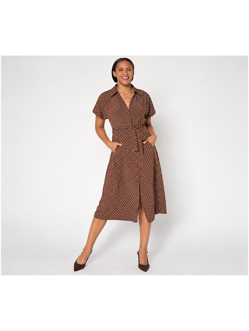 Dennis Basso Regular Printed Button Front Shirt Dress Rich Mocha, Size Large
